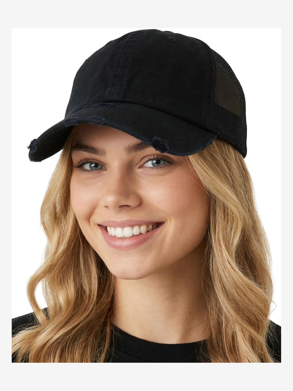 Distressed Mesh Low Profile Trucker Hat Snapback Cap | Black | Size OS